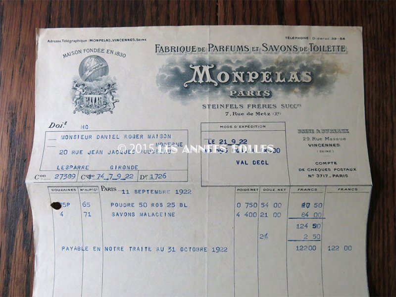 画像3: 1922年 アンティーク パフュームリーの納品書  - MONPELAS PARIS -