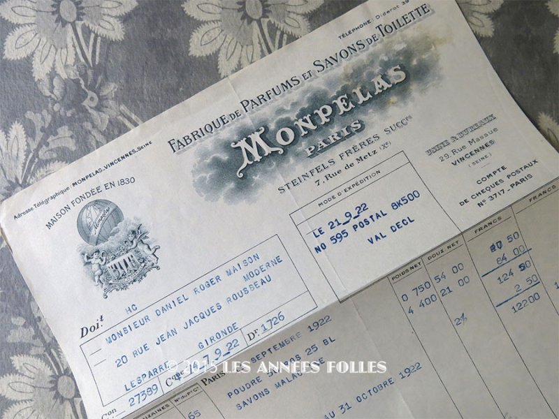 画像1: 1922年 アンティーク パフュームリーの納品書  - MONPELAS PARIS -