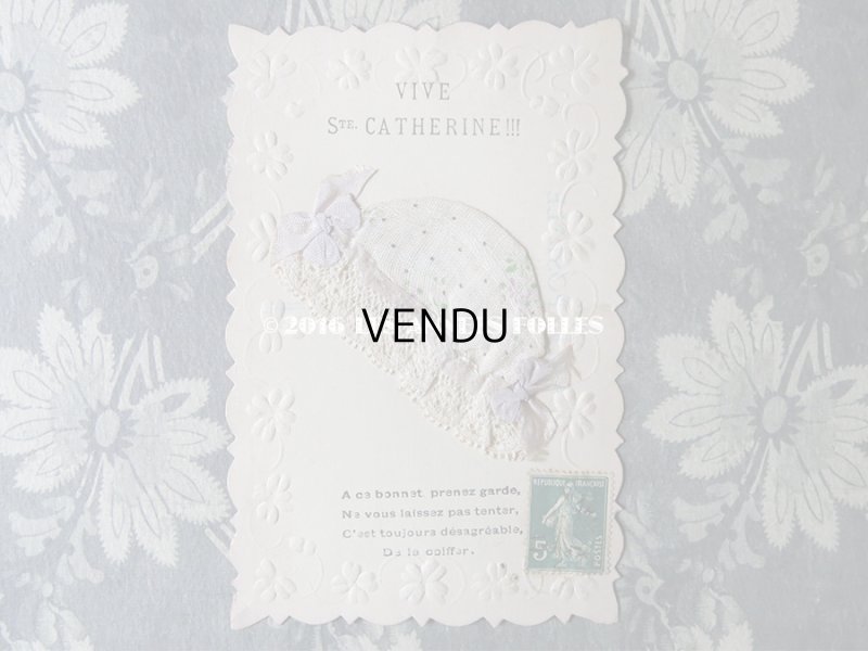 画像2: アンティークポストカード STE-CATHERINE リボン付ボネ 紫の水玉&花模様