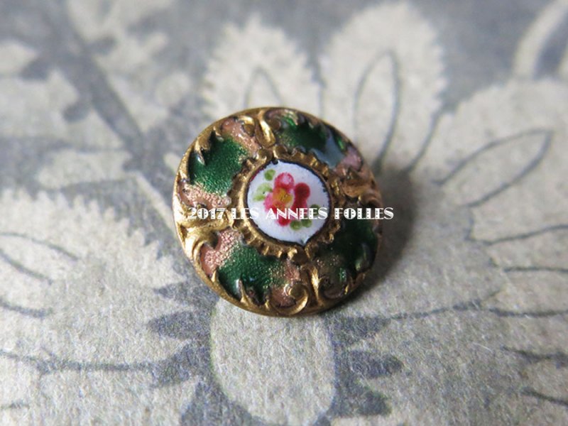 画像2: アンティーク エナメル ボタン 薔薇 ハンドペイント グリーン & ゴールドレリーフ 13mm