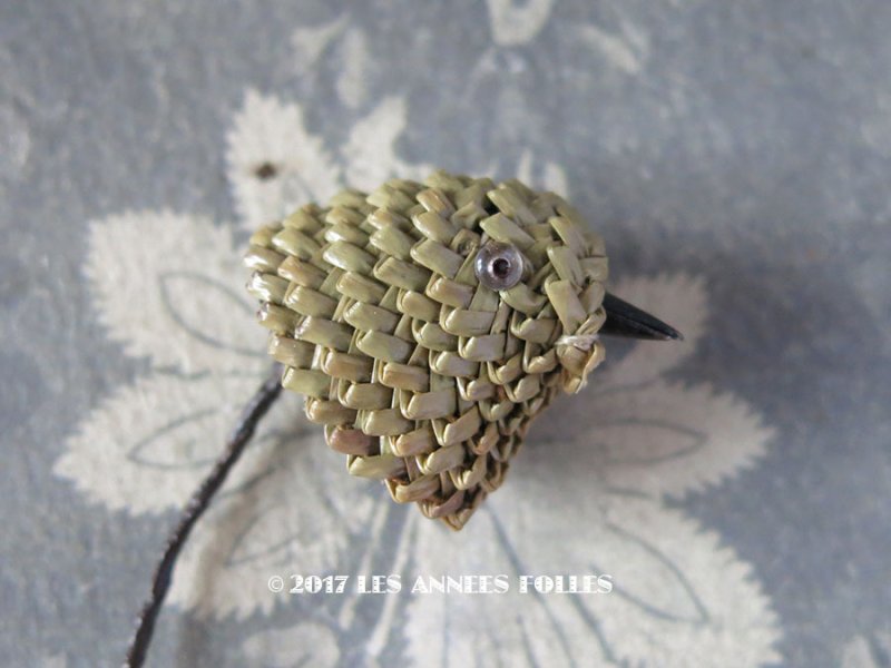 画像1: アンティーク  帽子用 飾り 鳥 オリーブグリーン