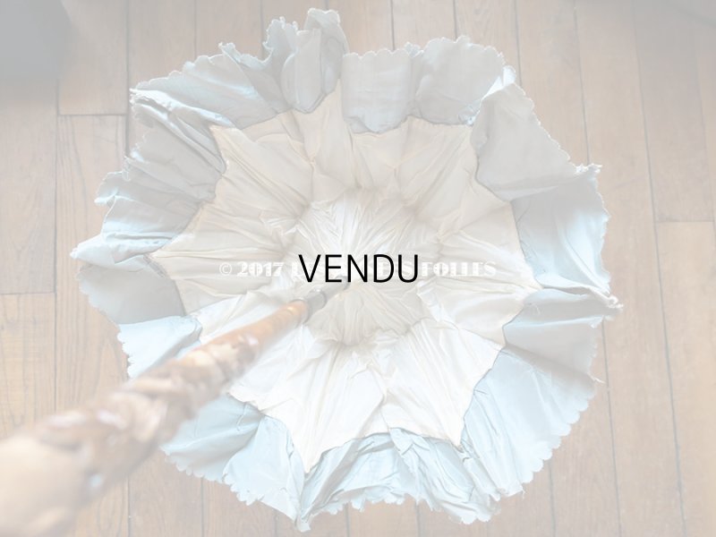 画像8: 19世紀末 アンティーク  シルク製 ブルーグレーの日傘 ポンポン付 リーフ柄 木製の柄