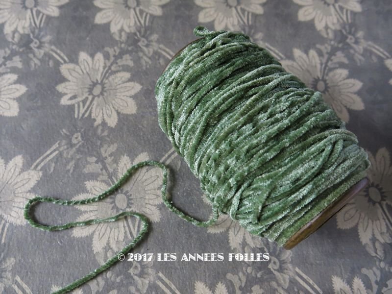画像1: 1920年代 アンティーク  刺繍用 シルクベルベットの紐  シルク製シェニール グリーン 20m シュニーユ糸