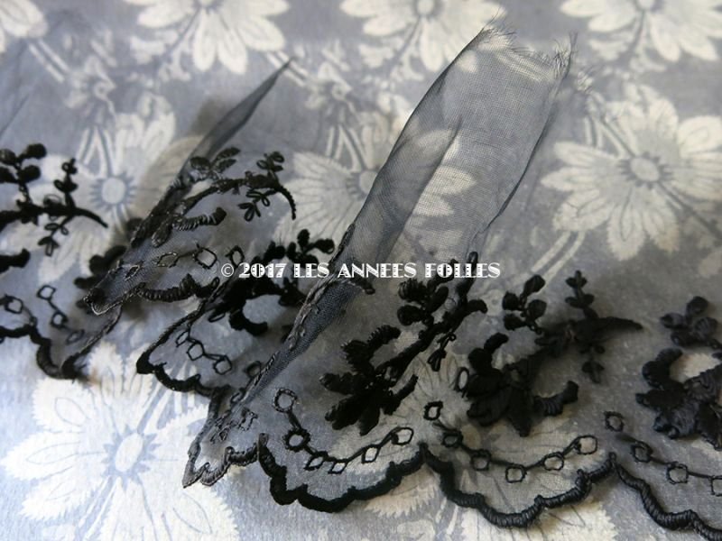 画像3: 19世紀 アンティーク シルク製オーガンジーのレース 花模様 黒