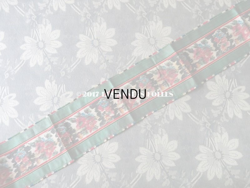 画像2: 19世紀 アンティーク シルク製  ジャガード織 リボン 薔薇模様 グリーン 0.57m