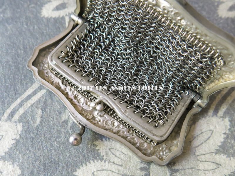 画像6: 1900年代 アンティーク シルバー製 メタルメッシュ コインケース 内ポケット付 花かご&薔薇とリボンのガーランド