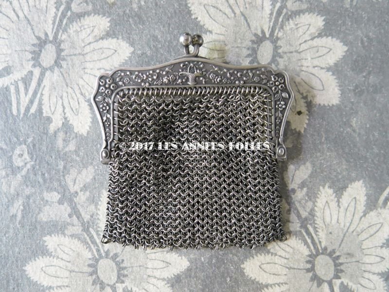 画像3: 1900年代 アンティーク シルバー製 メタルメッシュ コインケース 内ポケット付 花かご&薔薇とリボンのガーランド