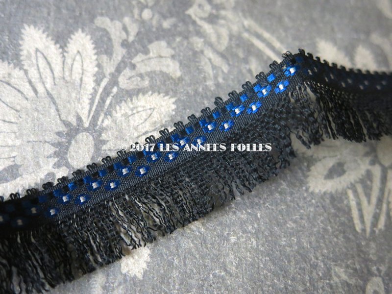 画像5: 19世紀末 アンティーク シルク製 フリンジ付 トリム 黒&青&シルバー ブレード