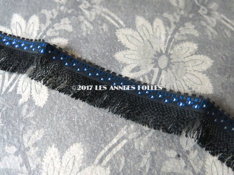 画像3: 19世紀末 アンティーク シルク製 フリンジ付 トリム 黒&青&シルバー ブレード