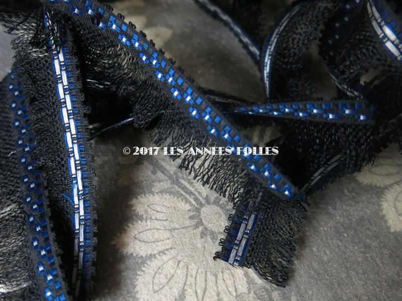 画像2: 19世紀末 アンティーク シルク製 フリンジ付 トリム 黒＆青&シルバー ブレード