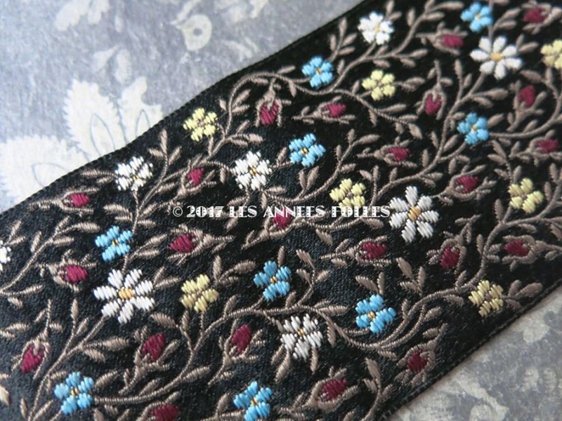 画像3: 1900年代 アンティーク シルク製 ジャガード織 リボン 花模様 142cm 黒　