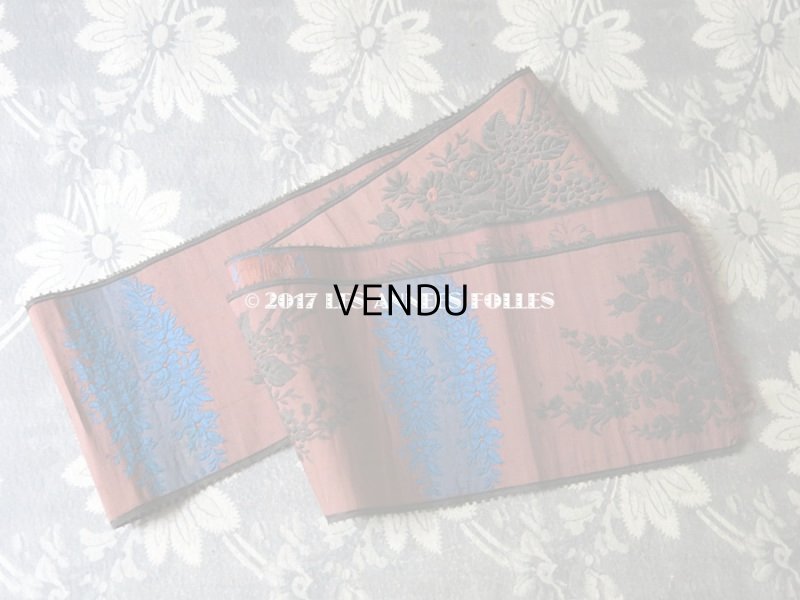 画像5: 19世紀 アンティーク シルク製 リボン ジャガード織 黒＆ブルーの花模様 1m 