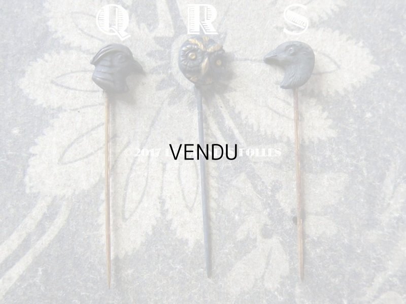 画像16: 1900年代 アンティーク エパングル 鳥　トランプ柄　花 月 フレンチジェット＆ゴールド EPINGLES TOILETTE