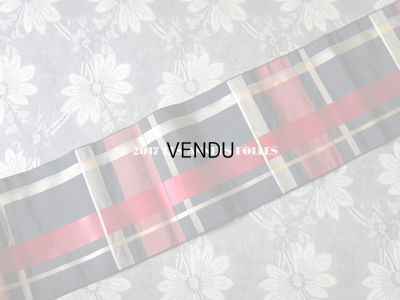 画像3: 1900年代 アンティーク シルク製 幅広 リボン 黒 & 赤 &クリームイエロー & 水色 & ワイン色の格子柄  290cm