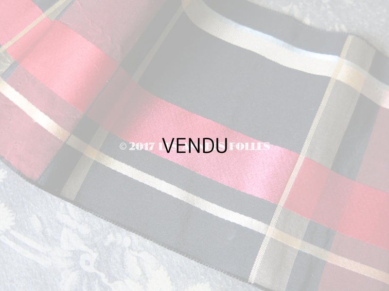 画像6: 1900年代 アンティーク シルク製 幅広 リボン 黒 & 赤 &クリームイエロー & 水色 & ワイン色の格子柄  290cm