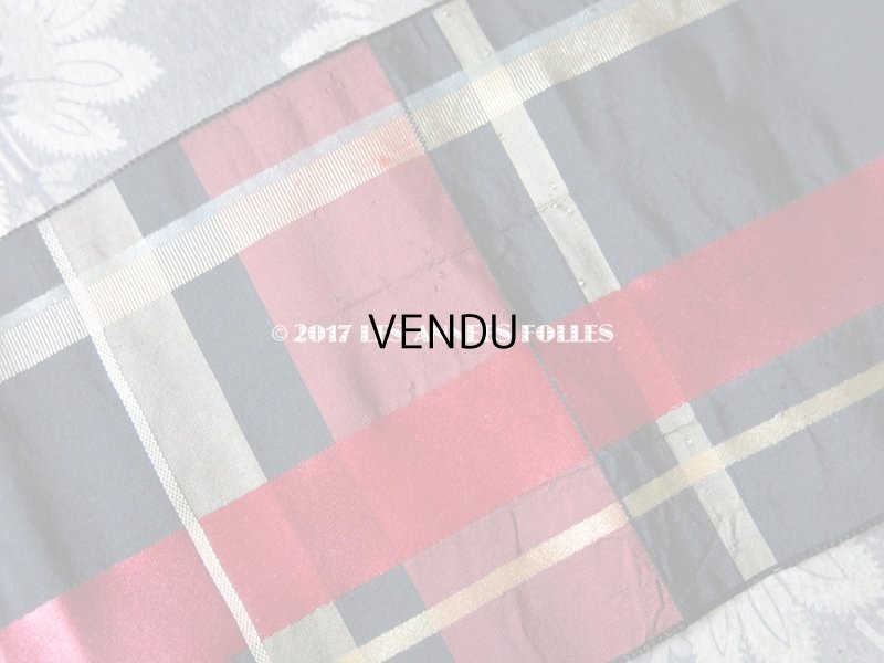 画像8: 1900年代 アンティーク シルク製 幅広 リボン 黒 & 赤 &クリームイエロー & 水色 & ワイン色の格子柄  290cm