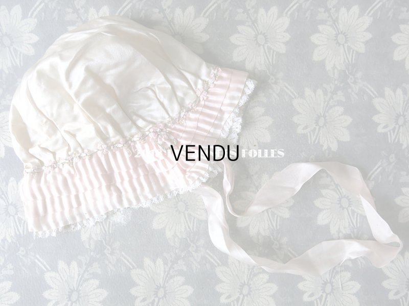 画像10: 1920年代 アンティーク ボネ ベビーピンクのフリルリボン & ロココトリム ナイトキャップ