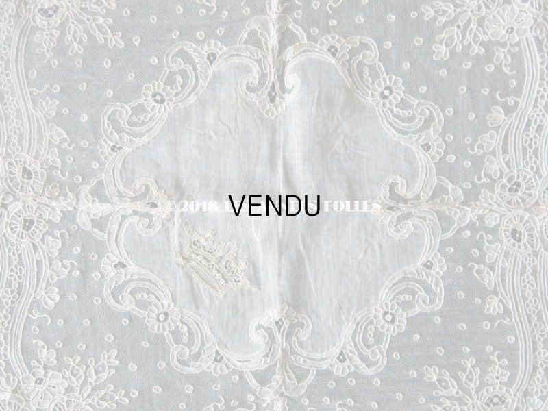 画像5: 19世紀 アンティーク ポワンドガーズのレース  結婚式のハンカチ 王冠の刺繍 【 ポワン・ド・ガーズ 】