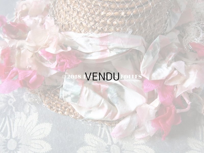 画像5: 1900年代 アンティーク ドール用 ストローハット ピンクの薔薇のぼかし織シルクリボン & コサージュ