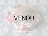 1900年代 アンティーク ドール用 ストローハット ピンクの薔薇のぼかし織シルクリボン & コサージュ