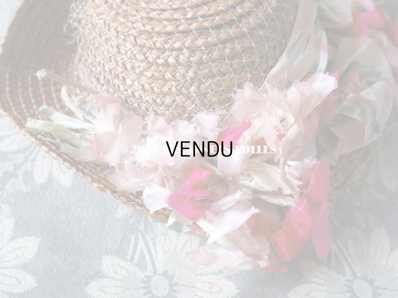 画像4: 1900年代 アンティーク ドール用 ストローハット ピンクの薔薇のぼかし織シルクリボン & コサージュ