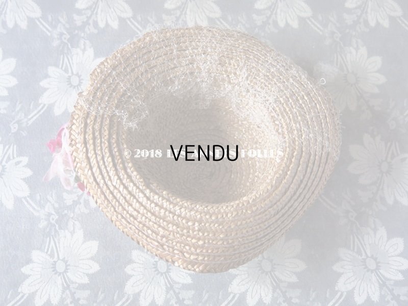 画像3: 1900年代 アンティーク ドール用 ストローハット ピンクの薔薇のぼかし織シルクリボン & コサージュ