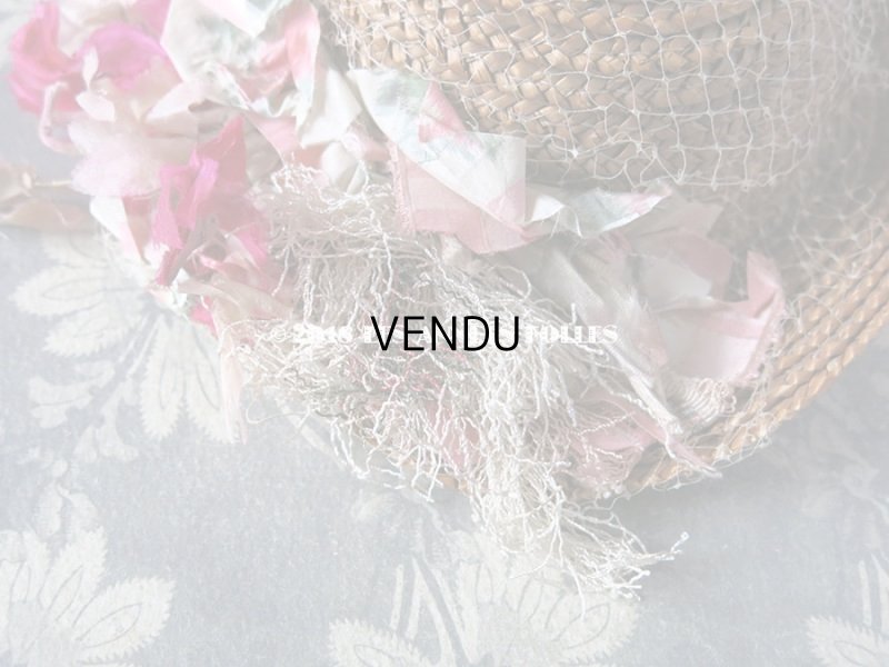 画像7: 1900年代 アンティーク ドール用 ストローハット ピンクの薔薇のぼかし織シルクリボン & コサージュ