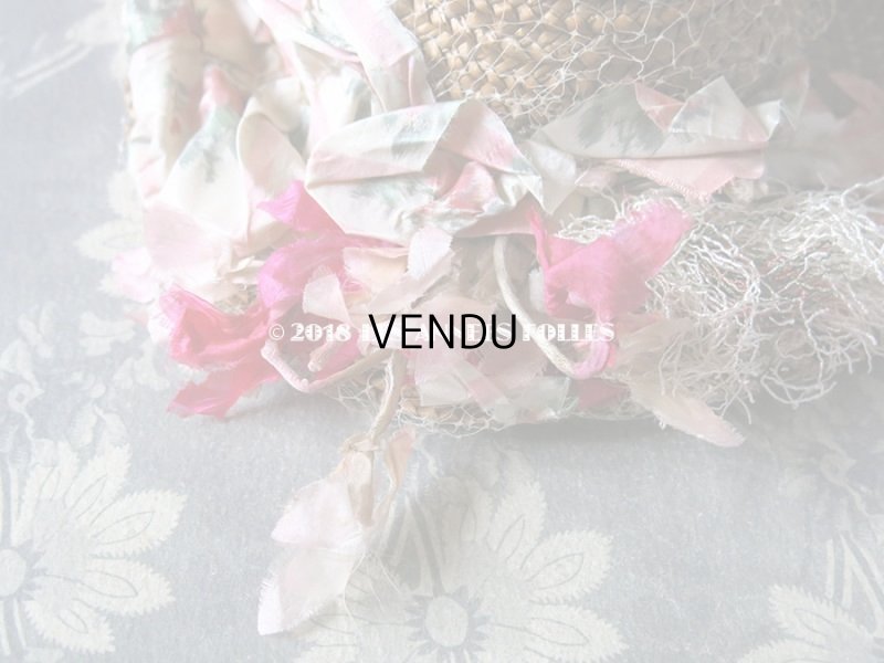 画像6: 1900年代 アンティーク ドール用 ストローハット ピンクの薔薇のぼかし織シルクリボン & コサージュ