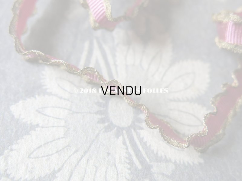 画像5: 19世紀 アンティーク メタルのフリル付 シルク製 グログランリボン オールドローズ色 10mm幅  108cm