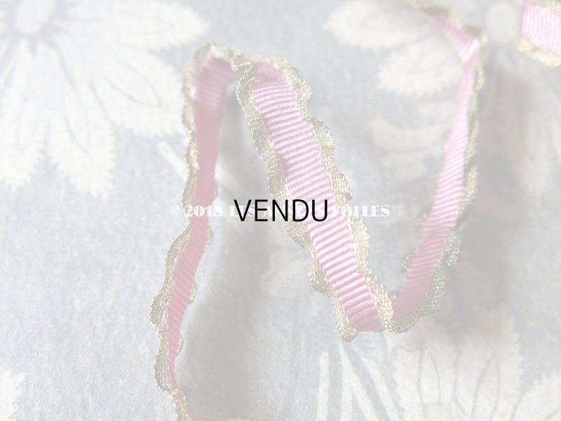 画像3: 19世紀 アンティーク メタルのフリル付 シルク製 グログランリボン オールドローズ色 10mm幅  108cm