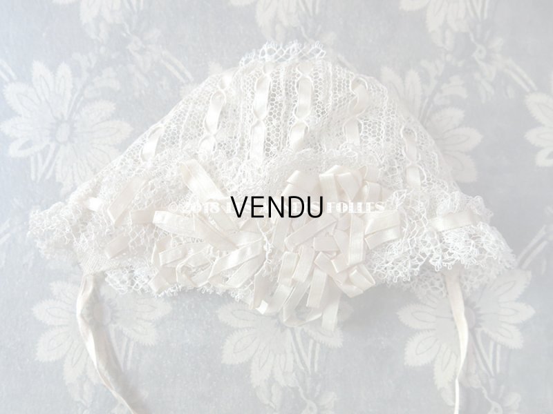 画像3: アンティーク ドール用 シルクリボン&手編みのレースのボネ