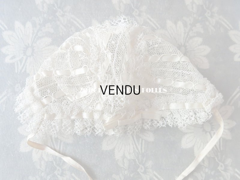 画像5: アンティーク ドール用 シルクリボン&手編みのレースのボネ