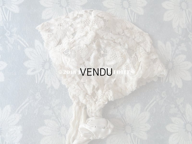 画像4: アンティーク ドール用 シルクオーガンジーのリボン付 フリル&レースのボネ