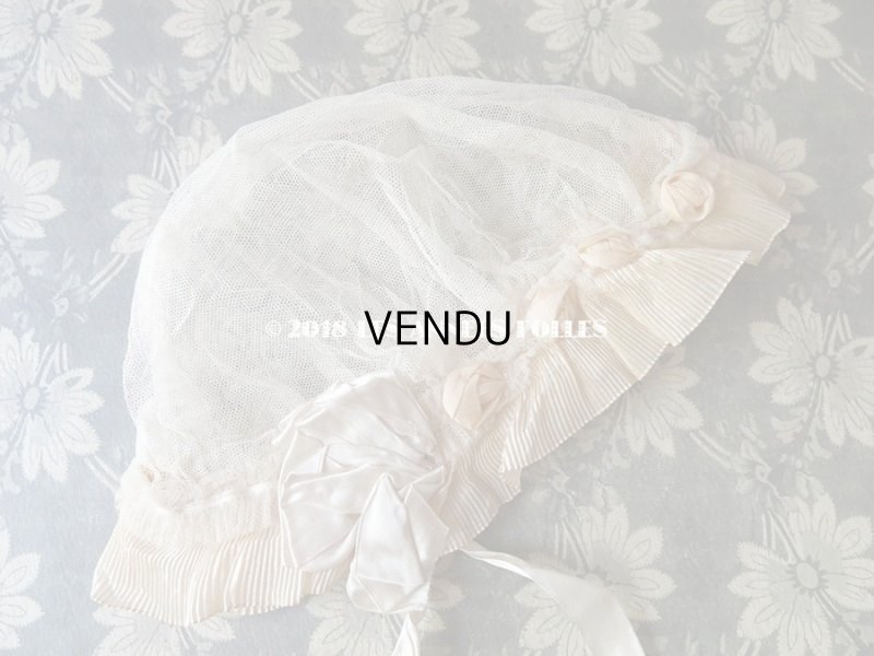 画像11: 1930年代 アンティーク 淡いピンクのフリル&薔薇 オモニエール&ボネのセット