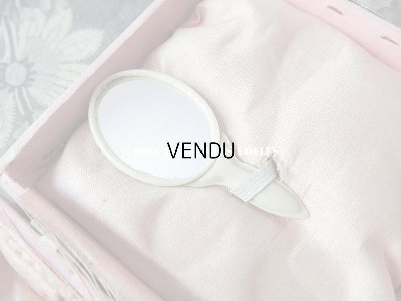 画像3: アンティーク ドール用小物 ピンクのコフレ 薔薇模様のファン & ミラー & ブラシ & ケース