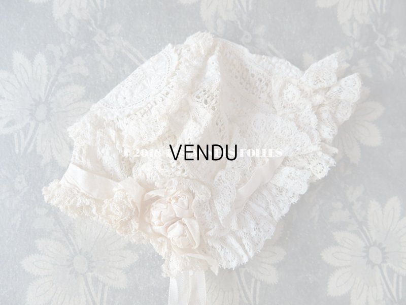 画像5: アンティーク ドール用 淡いピンクの薔薇のモチーフとレースのボネ