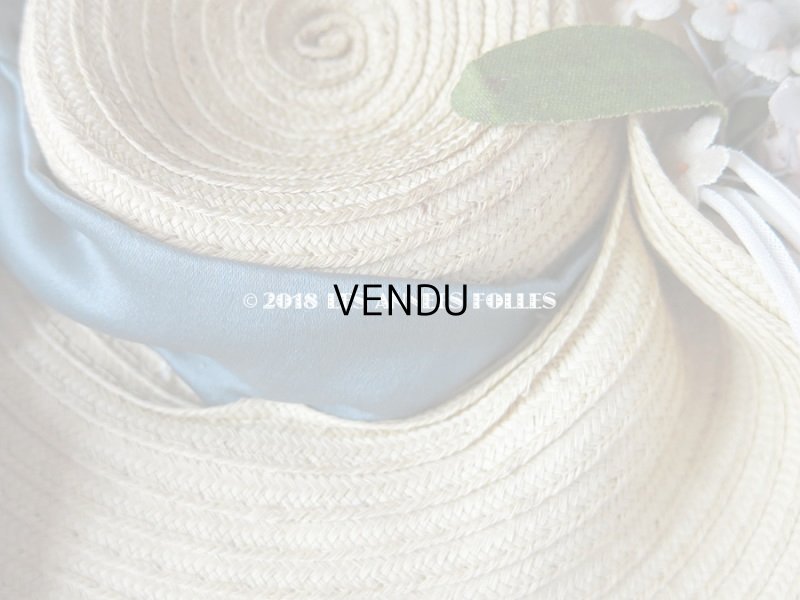 画像6: アンティーク ドール用 ストローハット グレイッシュブルーのリボン & 淡いピンクの薔薇の布花