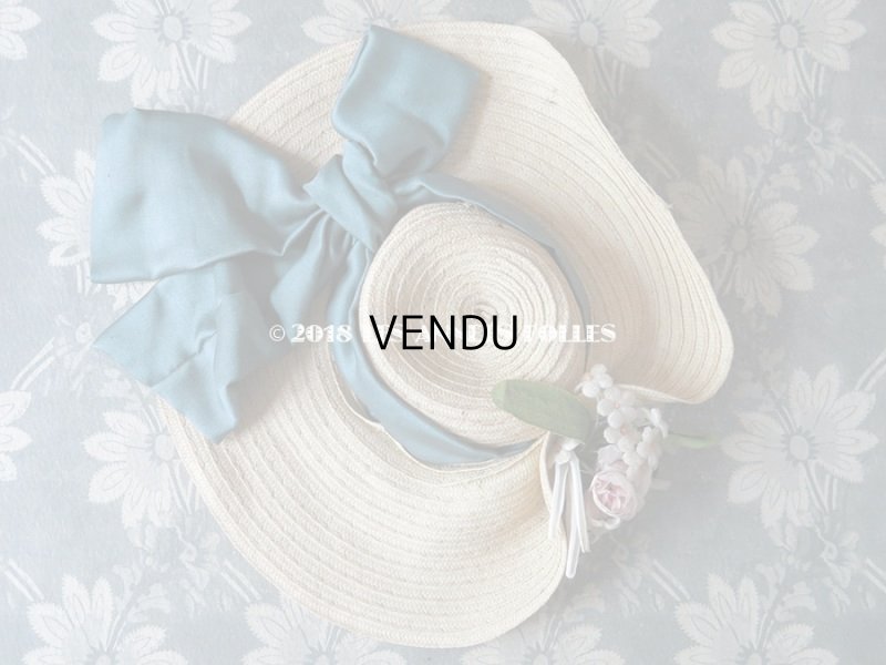 画像3: アンティーク ドール用 ストローハット グレイッシュブルーのリボン & 淡いピンクの薔薇の布花