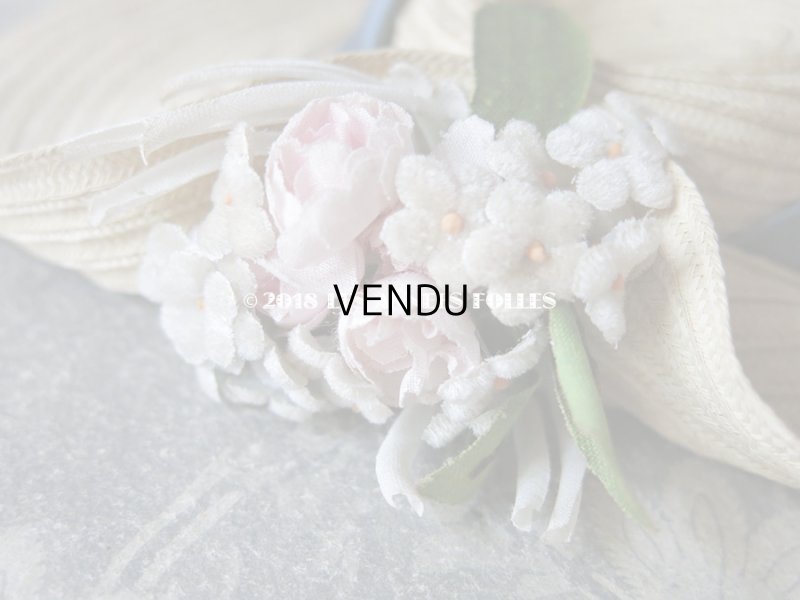 画像4: アンティーク ドール用 ストローハット グレイッシュブルーのリボン & 淡いピンクの薔薇の布花