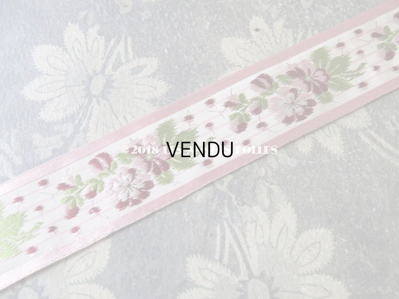 画像5: 19世紀末 アンティーク シルク製  ジャガード織 花柄のリボン ピンク&ボルドー 1.55m