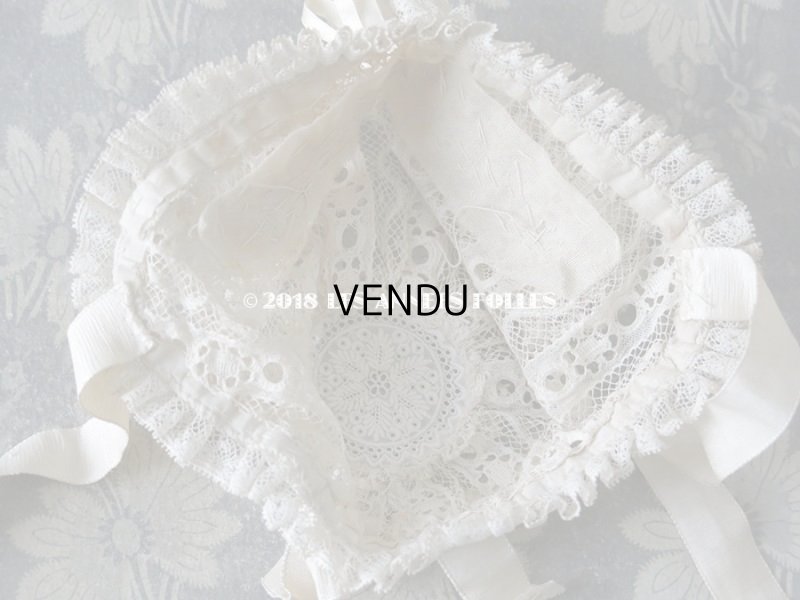 画像13: アンティーク ドール用 シルクリボン＆手編みのレースのボネ