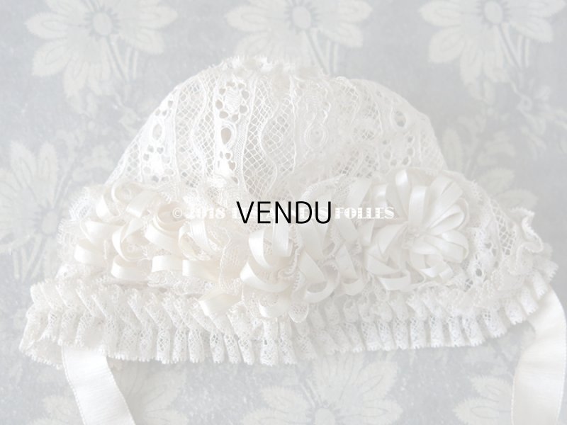 画像8: アンティーク ドール用 シルクリボン＆手編みのレースのボネ