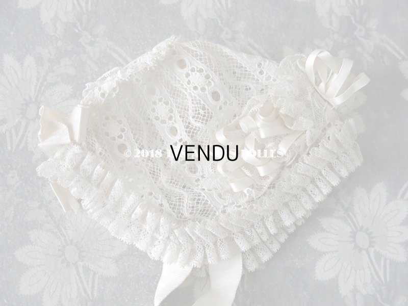 画像7: アンティーク ドール用 シルクリボン＆手編みのレースのボネ