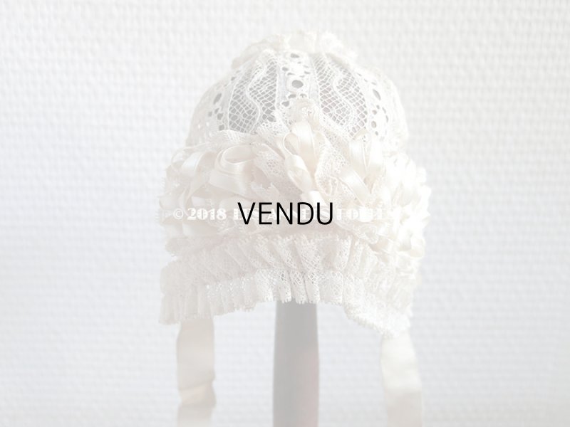 画像3: アンティーク ドール用 シルクリボン＆手編みのレースのボネ