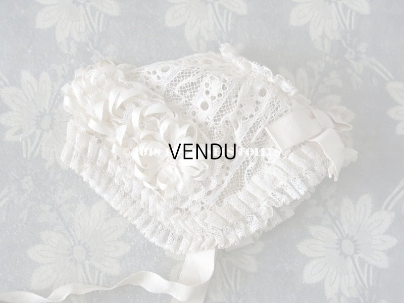 画像6: アンティーク ドール用 シルクリボン＆手編みのレースのボネ