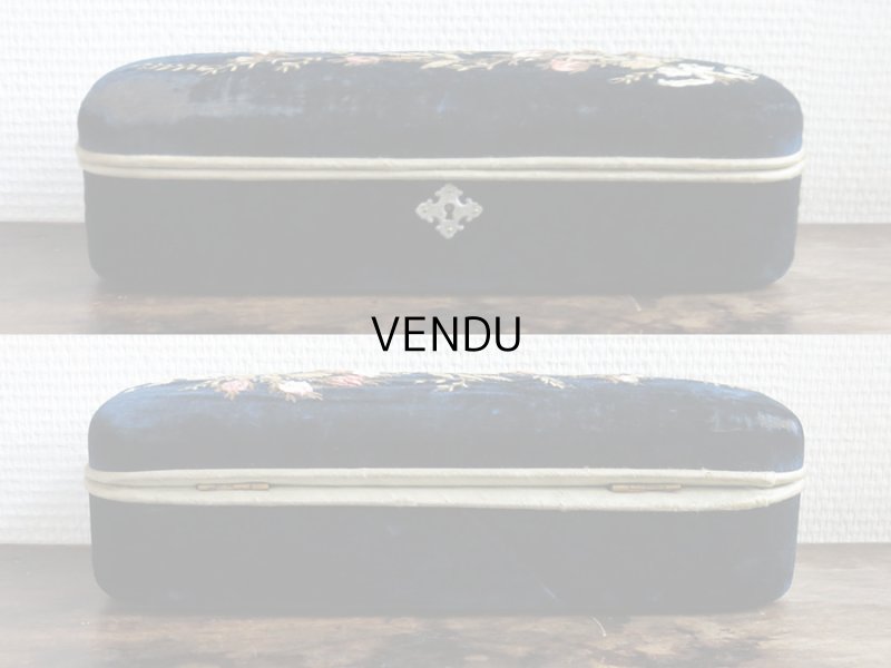 画像7: 19世紀 アンティーク 薔薇のブーケのリボン刺繍入り グローブボックス  ダークブルーのベルベット