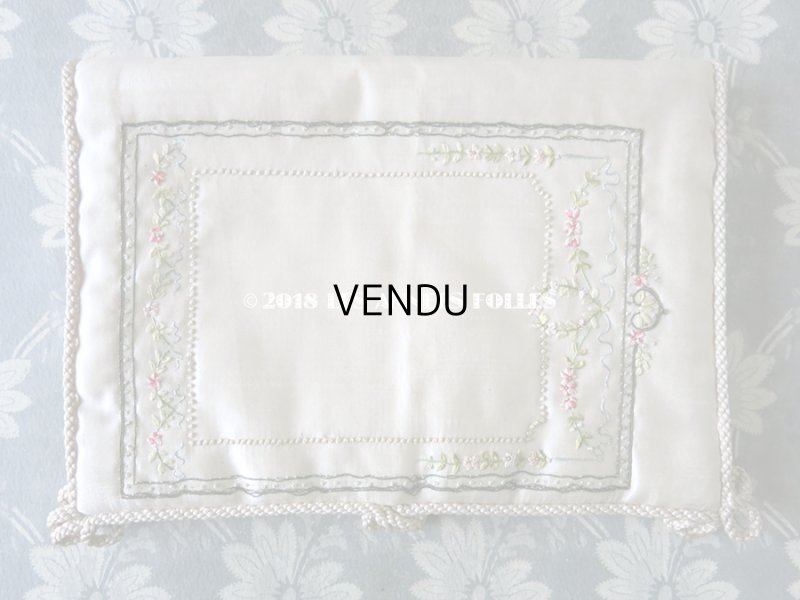 画像5: アンティーク シルク製 ハンキーケース 薔薇の花かご & ガーランド リボン刺繍  ハンカチ用ポシェット 