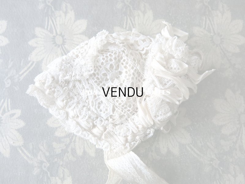 画像6: アンティーク ドール用 大きなリボン付 レースのボネ