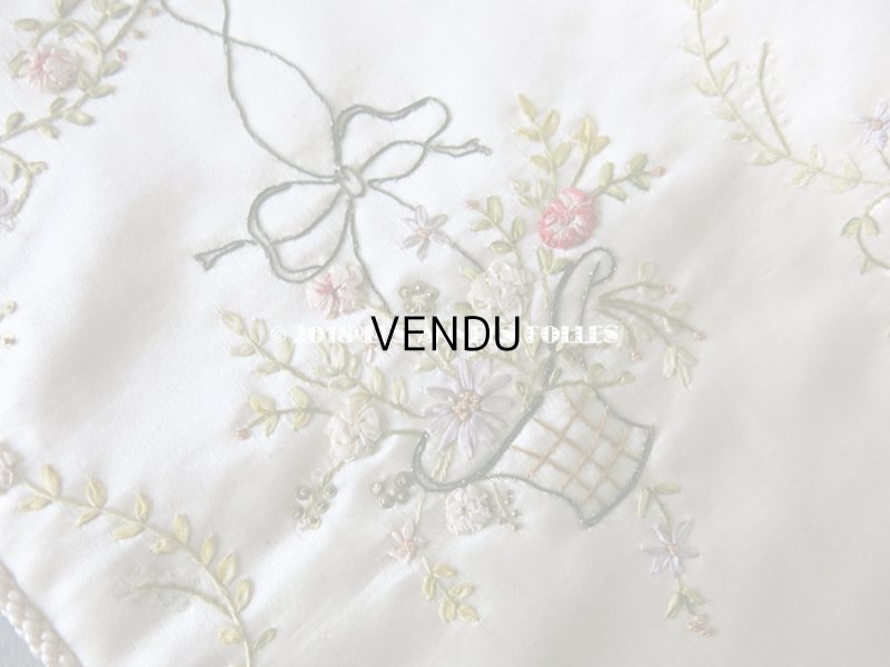 画像6: アンティーク シルク製 ハンキーケース 薔薇の花かご & ガーランド リボン刺繍  ハンカチ用ポシェット 