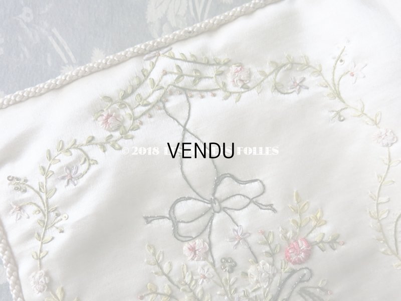 画像7: アンティーク シルク製 ハンキーケース 薔薇の花かご & ガーランド リボン刺繍  ハンカチ用ポシェット 